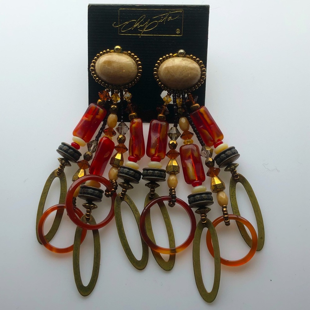 Vintage Chipita boho earrings jewelry Clip On beads metal